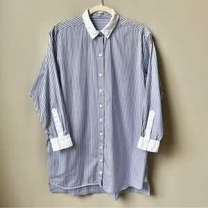 SPANX Blue and White Striped Long Sleeve Shirt Dress